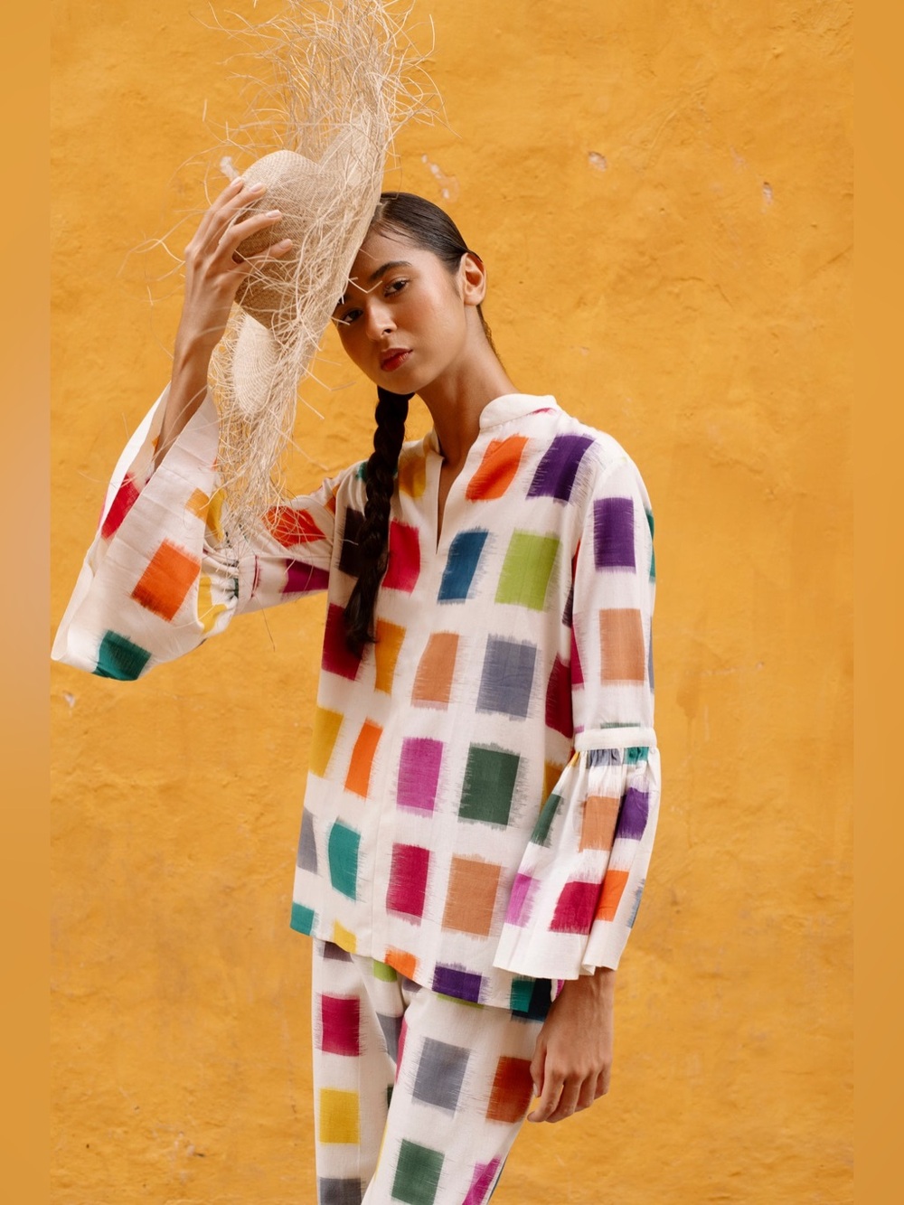 De Castro Tuckernuck Rainbow Color Block Parampara Shirt Blouse Top Sleeve sz M